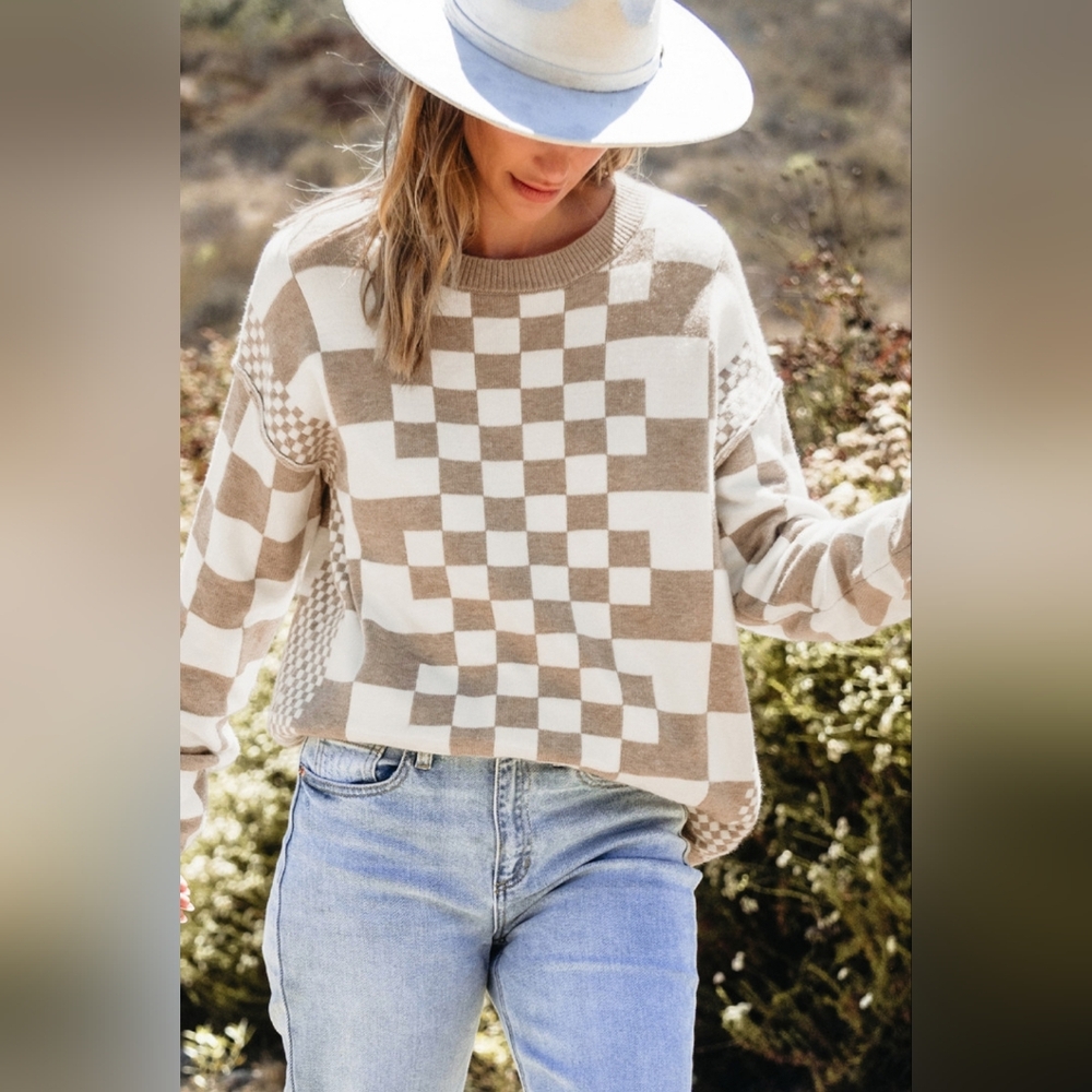 NEW With Tags Khaki Checkered Pullover Sweater